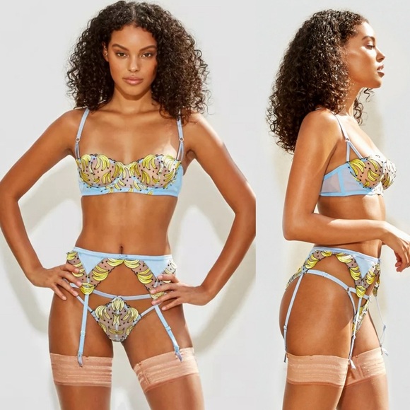 NWT Fleur Du Mal Garter Belt Banana Embroidery Lingerie Fruit Novelty Print Sz 1 - Picture 2 of 11